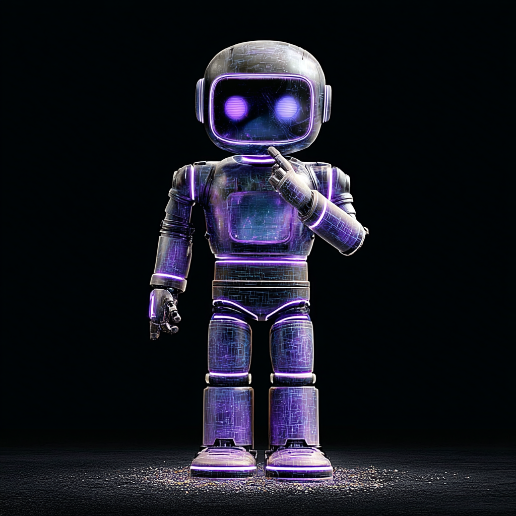 Purple robot standing, deep in thought.